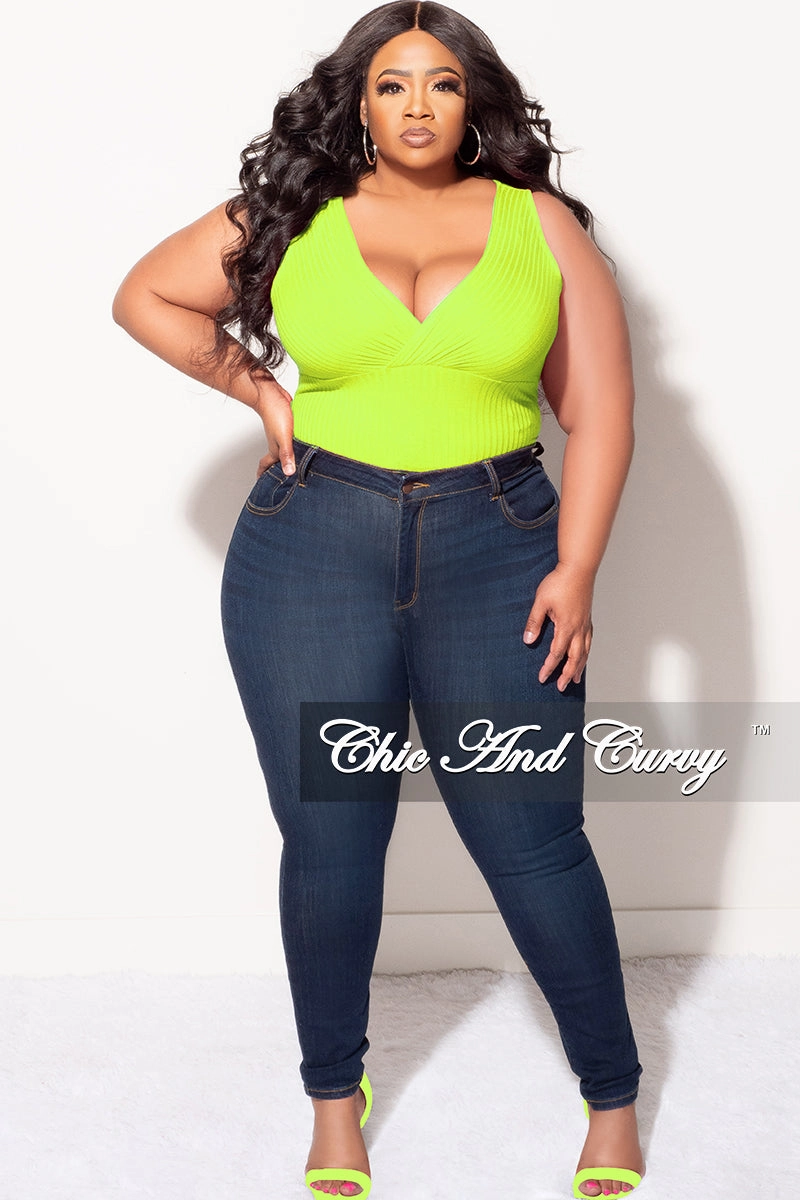 Eco Friendly Dye Final Sale Plus Size Ribbed Faux Wrap Sleeveless Bodysuit in Neon Green