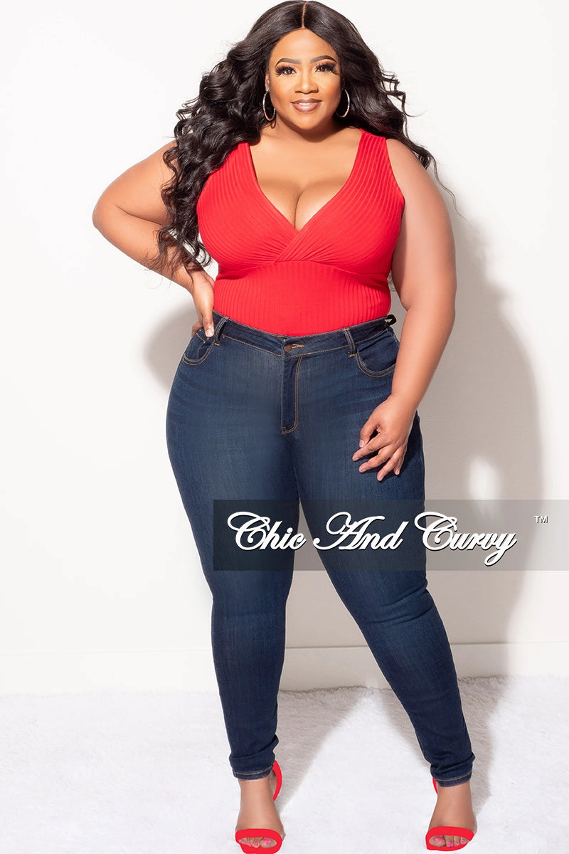 Comfy Material Final Sale Plus Size Ribbed Faux Wrap Sleeveless Bodysuit in Red