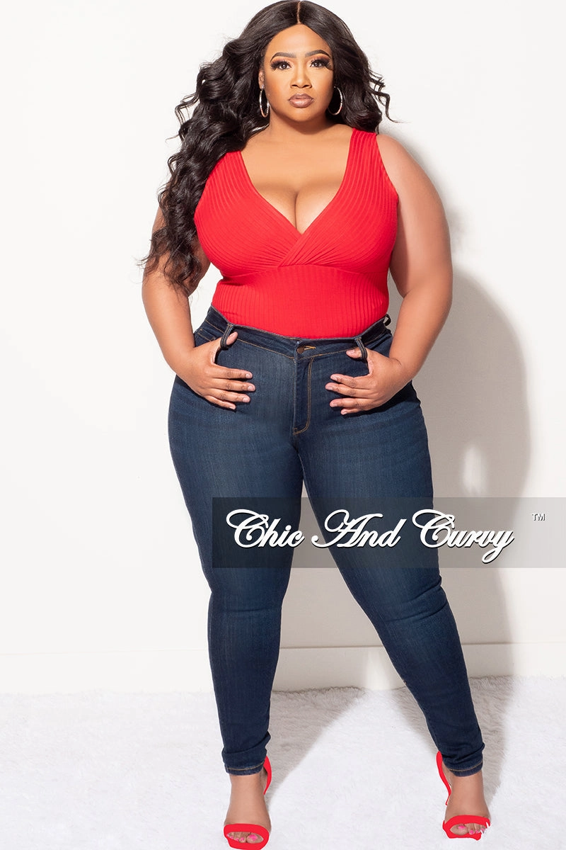 Final Sale Plus Size Ribbed Faux Wrap Sleeveless Bodysuit in Red Essential Comfort Reflective accents