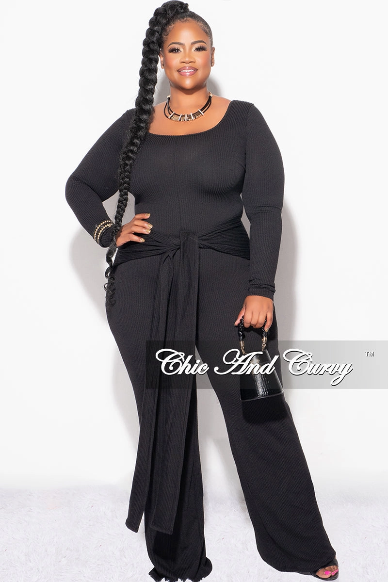 Adaptable Design Final Sale Plus Size Ribbed Jumpsuit with Attached Tie in Black
