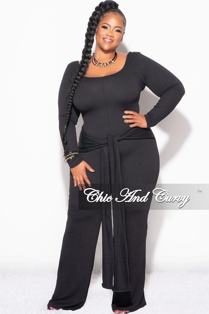 Final Sale Plus Size Ribbed Jumpsuit with Attached Tie in Black slim cut Non Iron Technology