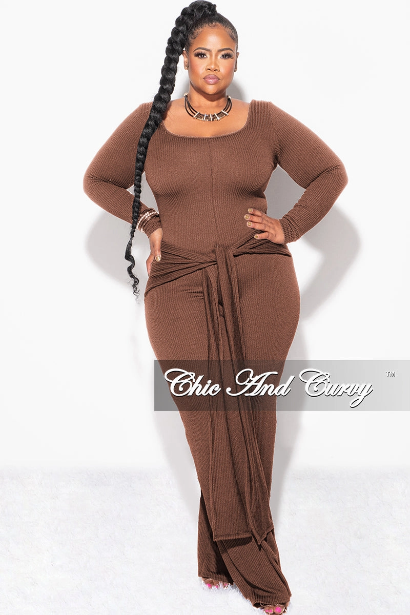Final Sale Plus Size Ribbed Jumpsuit with Attached Tie in Brown Street Ready Comfort-First
