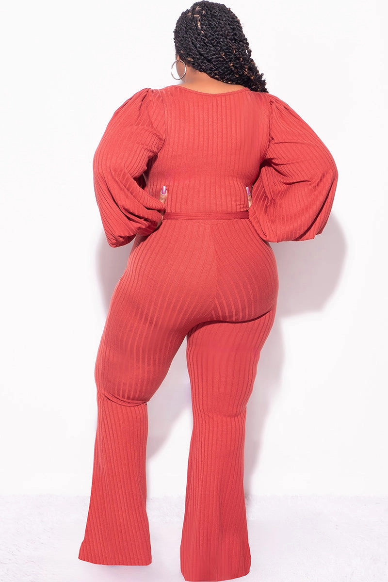 StretchMaterial Final Sale Plus Size Ribbed Jumpsuit with Balloon Sleeves in Brick