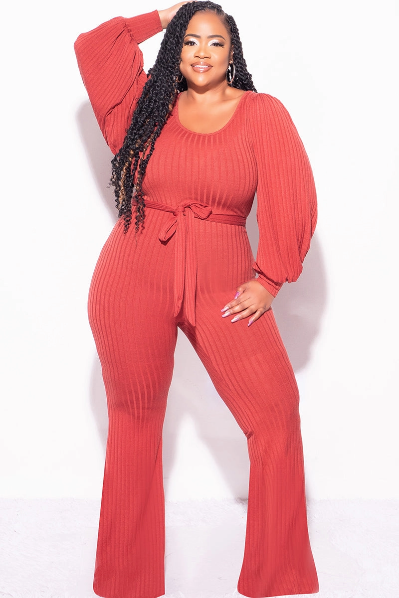 Final Sale Plus Size Ribbed Jumpsuit with Balloon Sleeves in Brick Adjustable drawstring