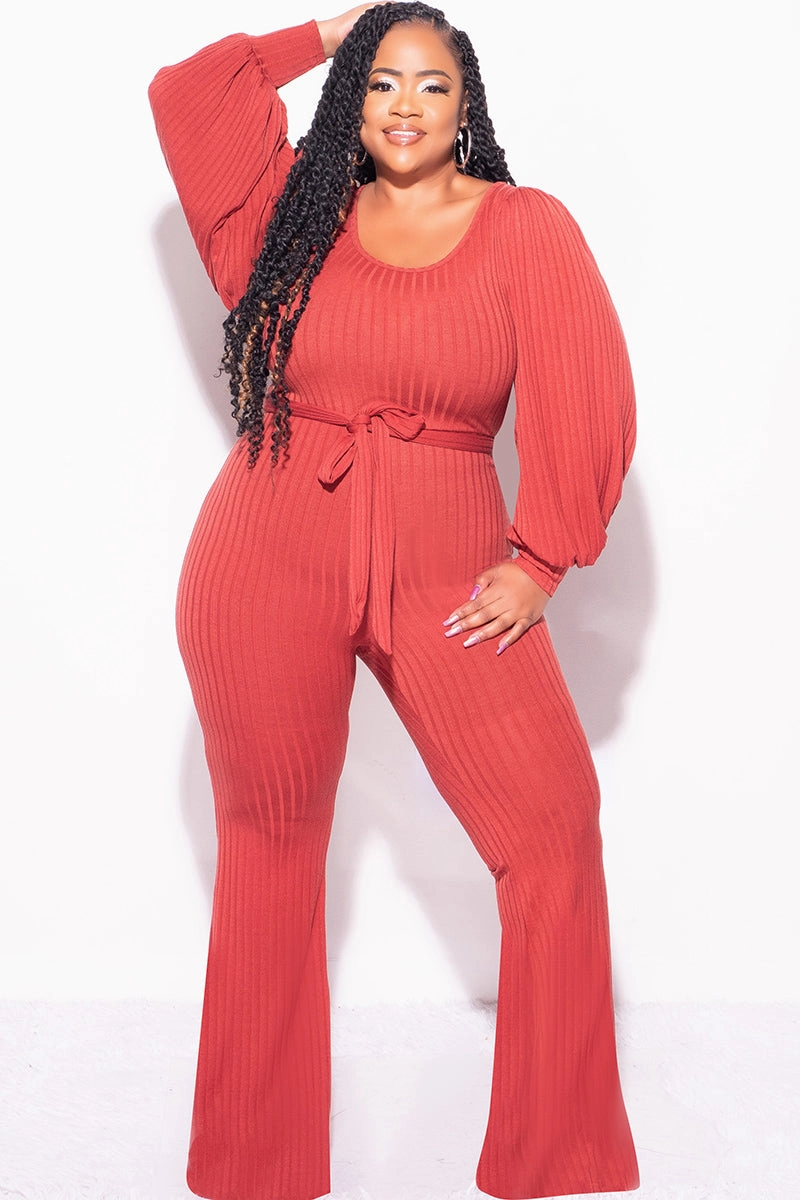 Relaxed Comfort Wear Final Sale Plus Size Ribbed Jumpsuit with Balloon Sleeves in Brick