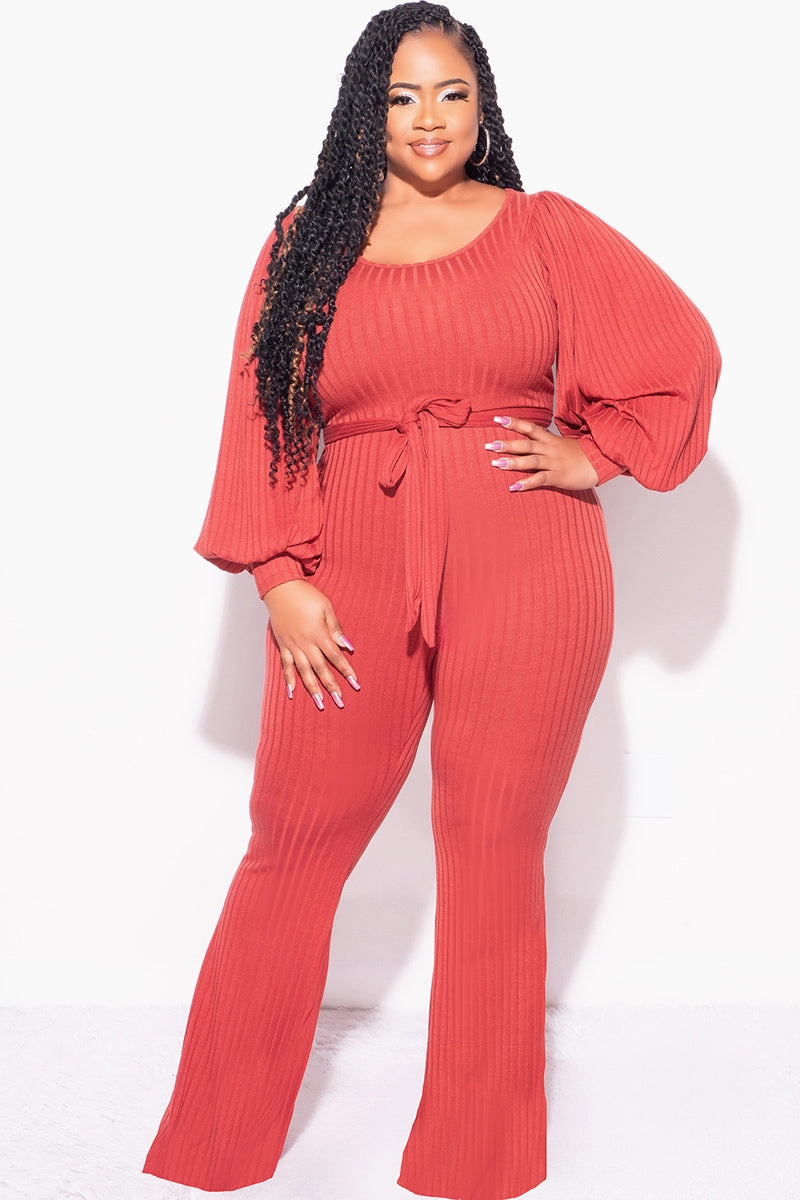 Final Sale Plus Size Ribbed Jumpsuit with Balloon Sleeves in Brick Breathable activewear Contrast Trim