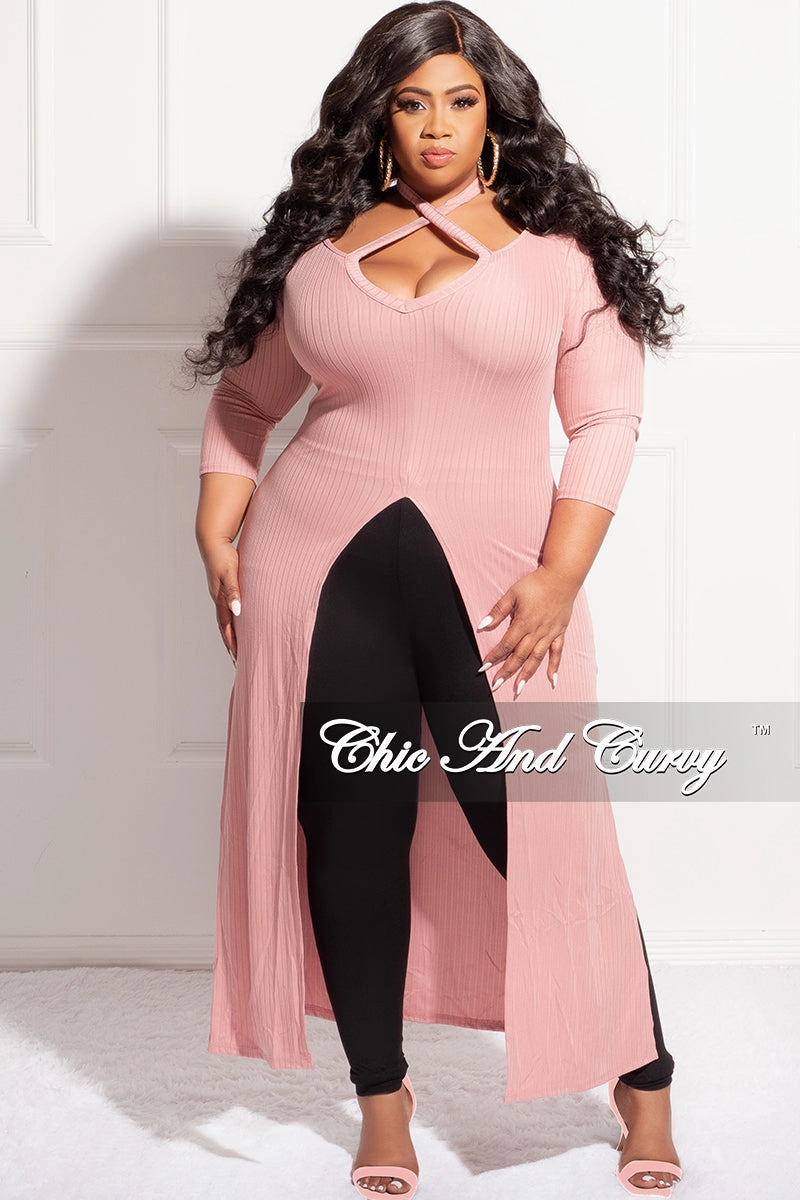 Final Sale Plus Size Ribbed Long Tunic Top in Mauve Chilly Day Wear