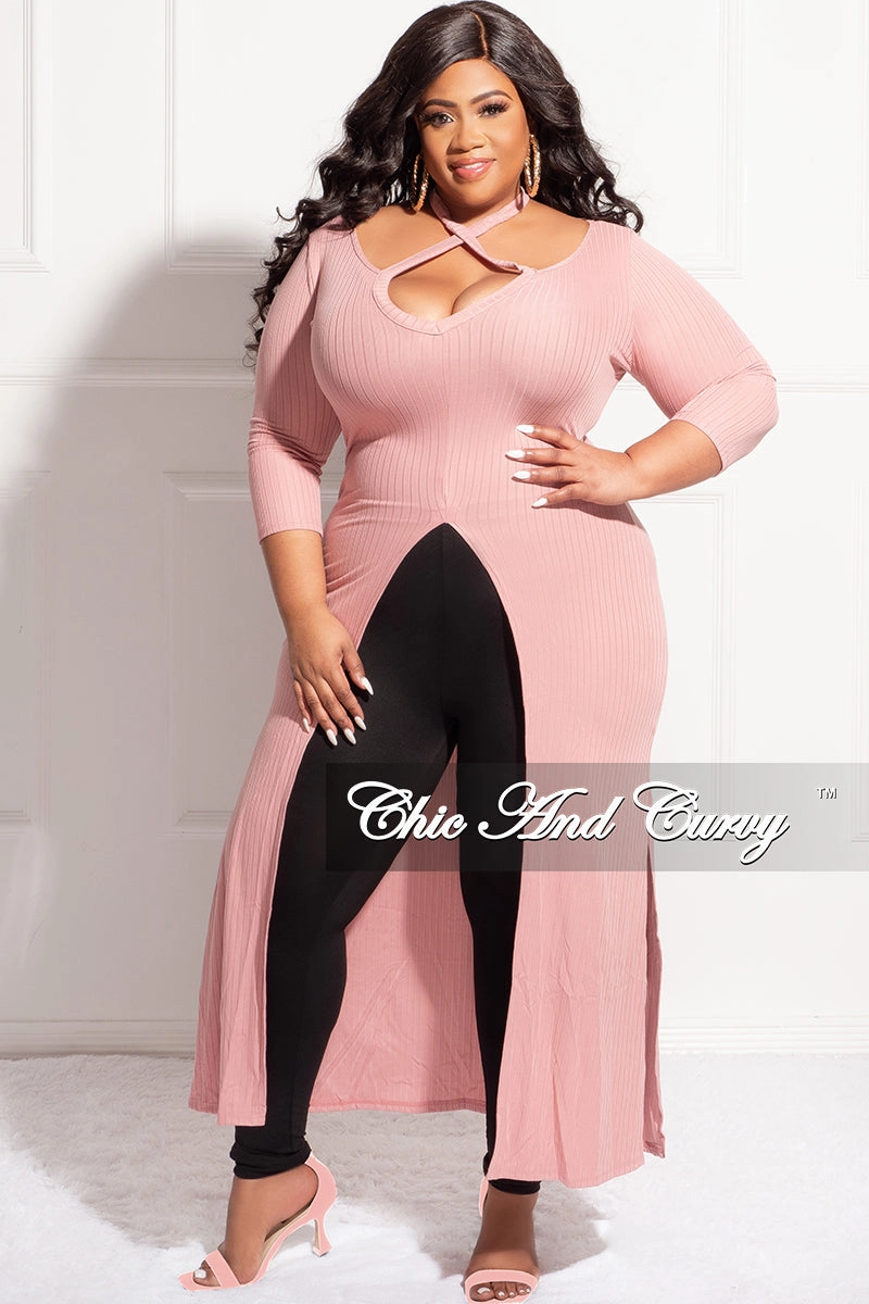 Final Sale Plus Size Ribbed Long Tunic Top in Mauve Raw edge