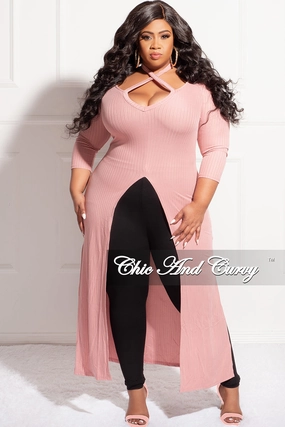 Flattering Comfort Button front Final Sale Plus Size Ribbed Long Tunic Top in Mauve