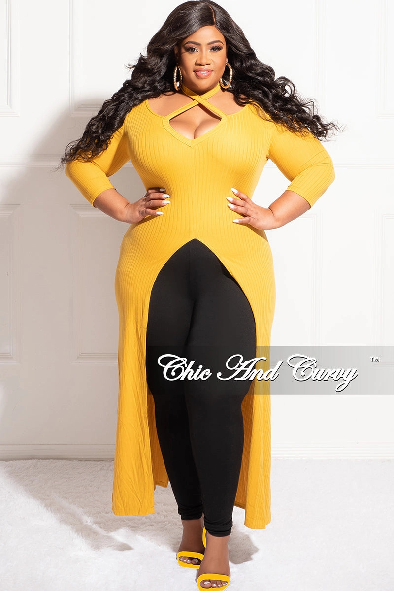 Everyday Essential Comfortable Style Final Sale Plus Size Ribbed Long Tunic Top in Mustard