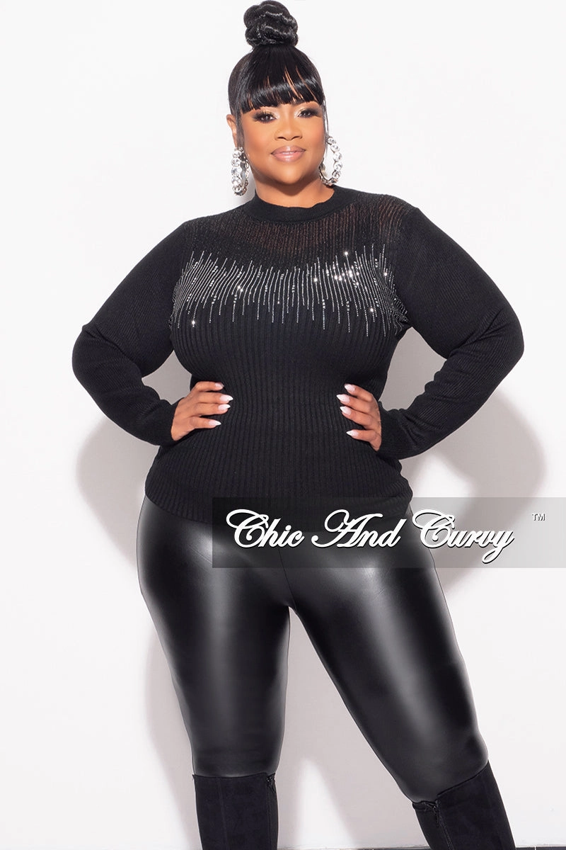 Cold Weather Gear Final Sale Plus Size Ribbed Rhinestone Sweater Top in Black