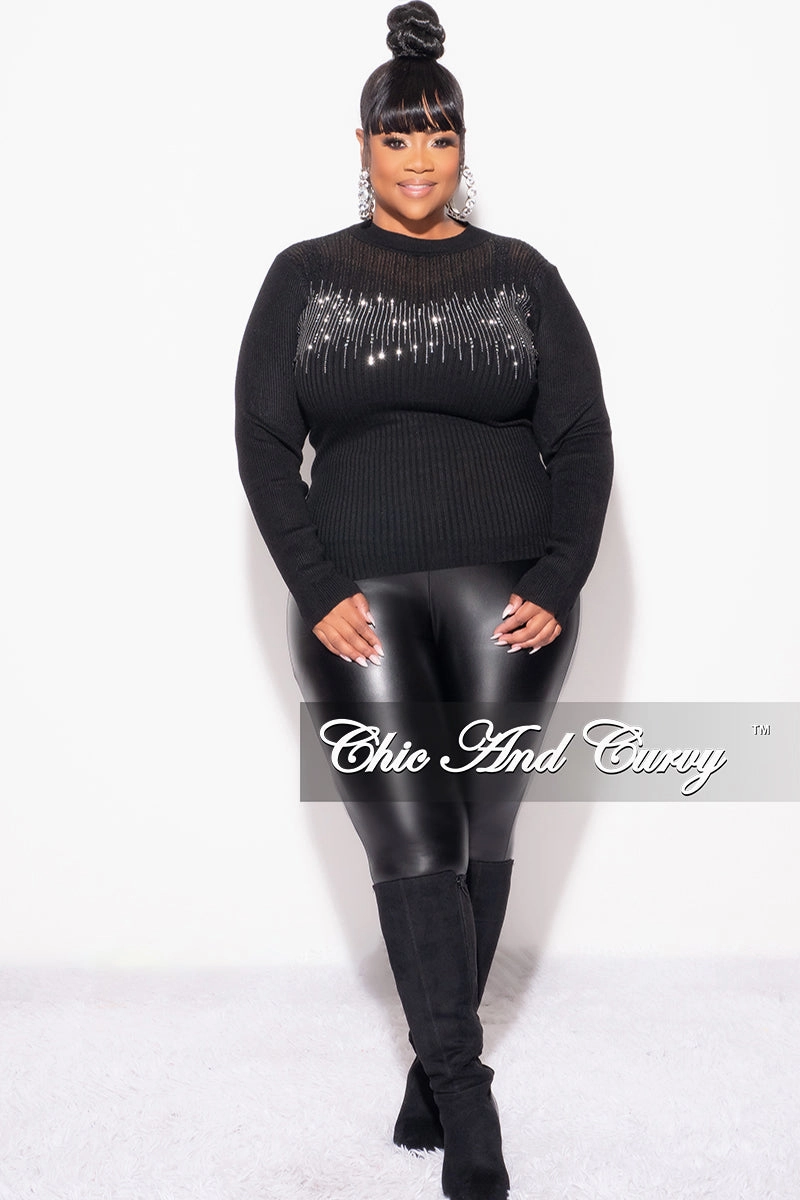 Final Sale Plus Size Ribbed Rhinestone Sweater Top in Black All Day Comfort Fit Fade Resistant Dye
