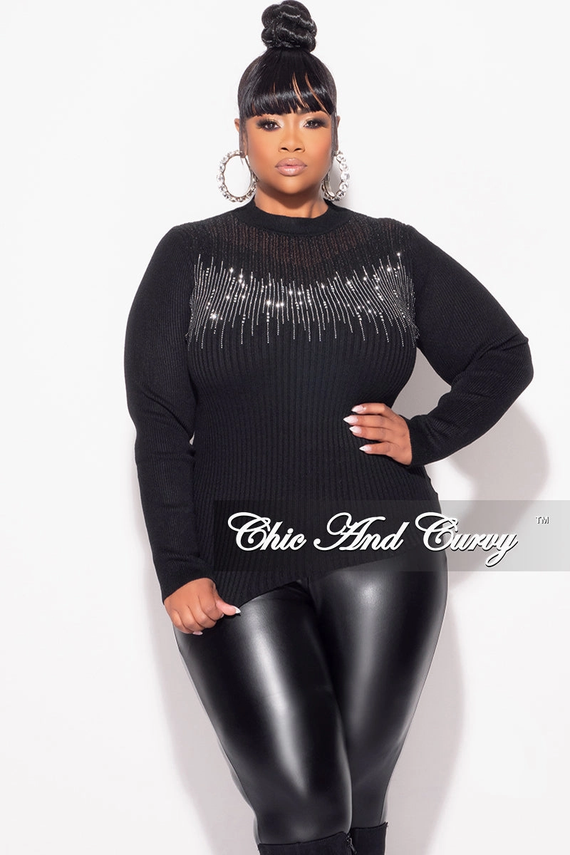 Final Sale Plus Size Ribbed Rhinestone Sweater Top in Black UV protection coating