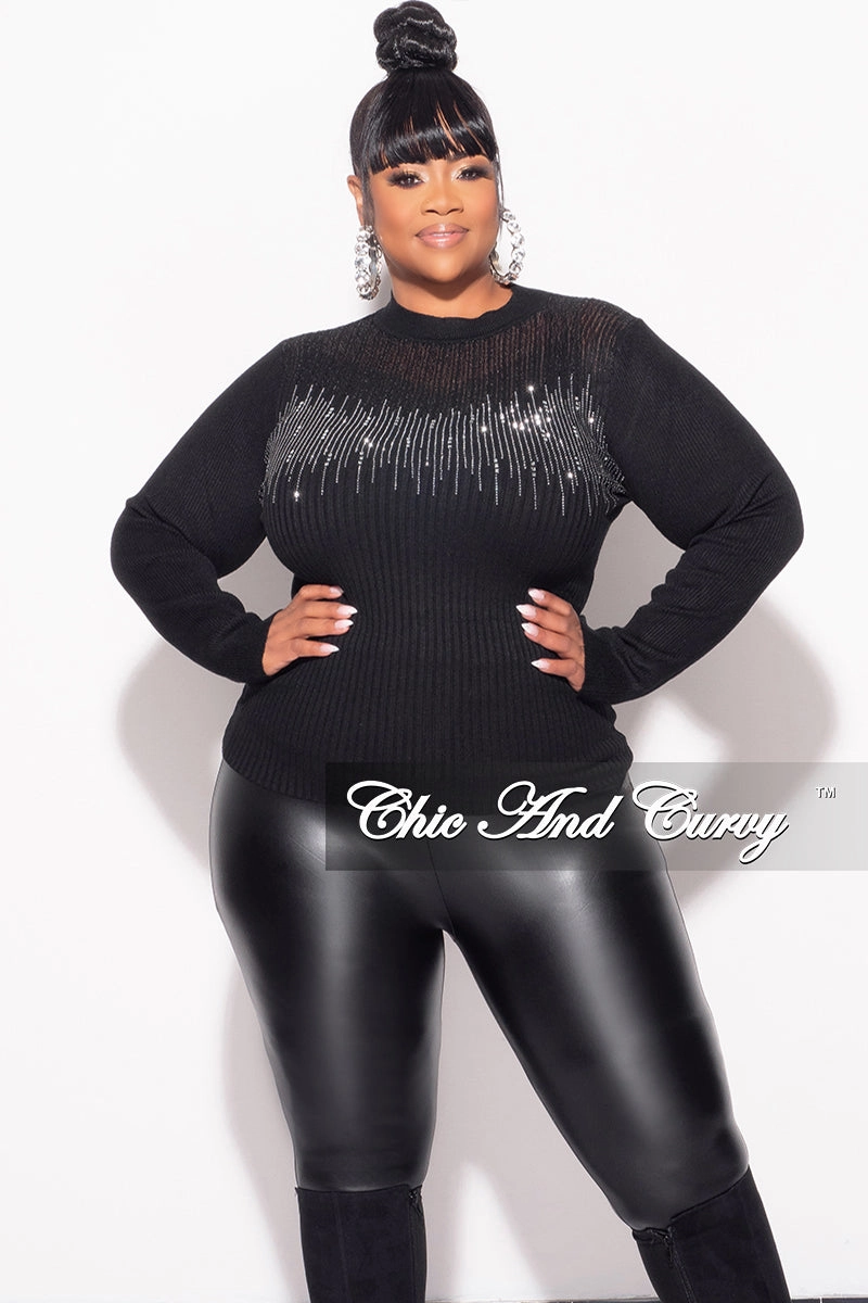 Final Sale Plus Size Ribbed Rhinestone Sweater Top in Black Durable Fabric Sport Comfort