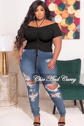 Final Sale Plus Size Ribbed Ruched Drawstring Crop Top in Black Anti Static Lining Street Active