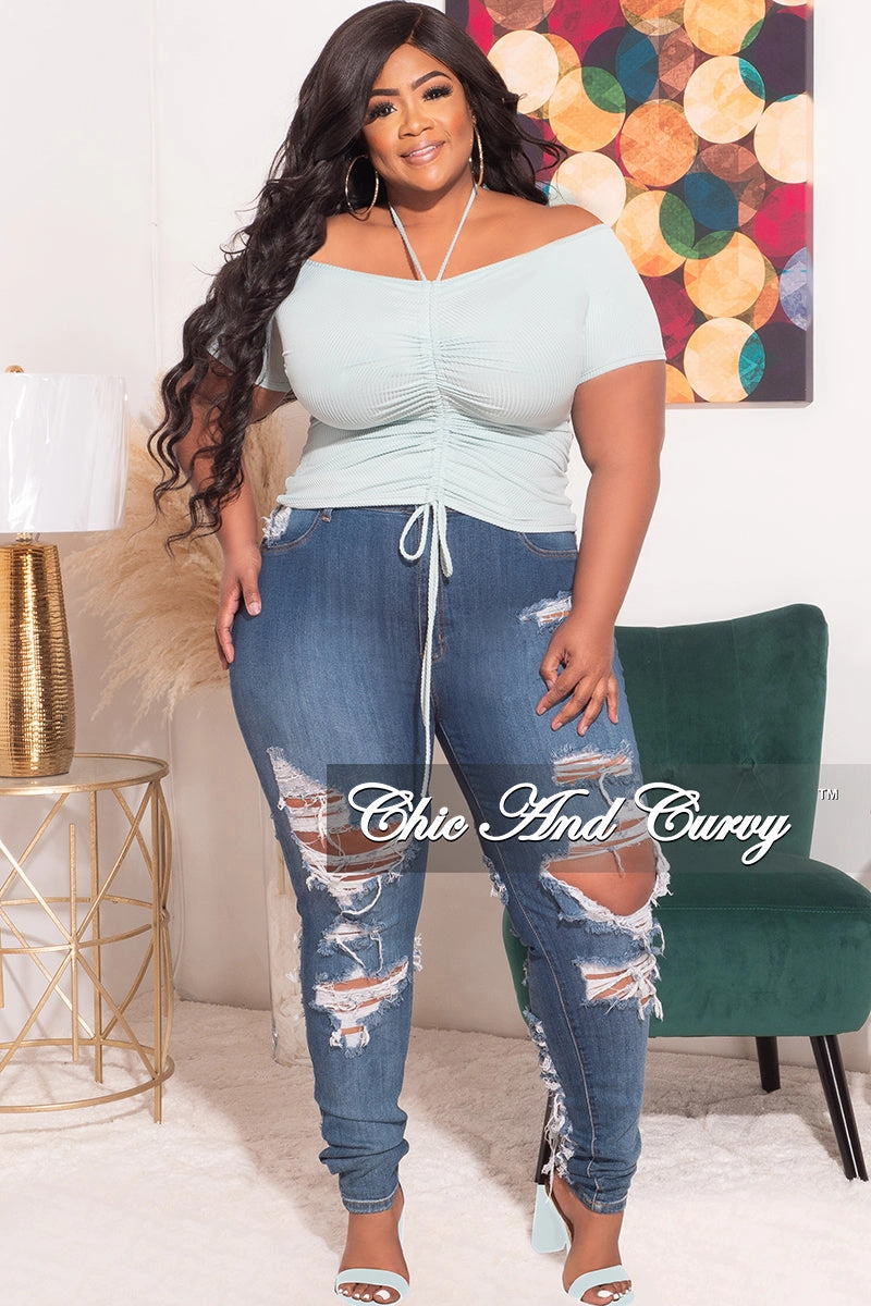 Low Bulk Design Padded hips Final Sale Plus Size Ribbed Ruched Drawstring Crop Top in Seafoam Green