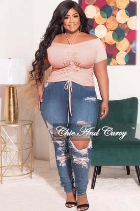 Final Sale Plus Size Ribbed Ruched Drawstring Crop Top in Soft Pink Feminine Fit