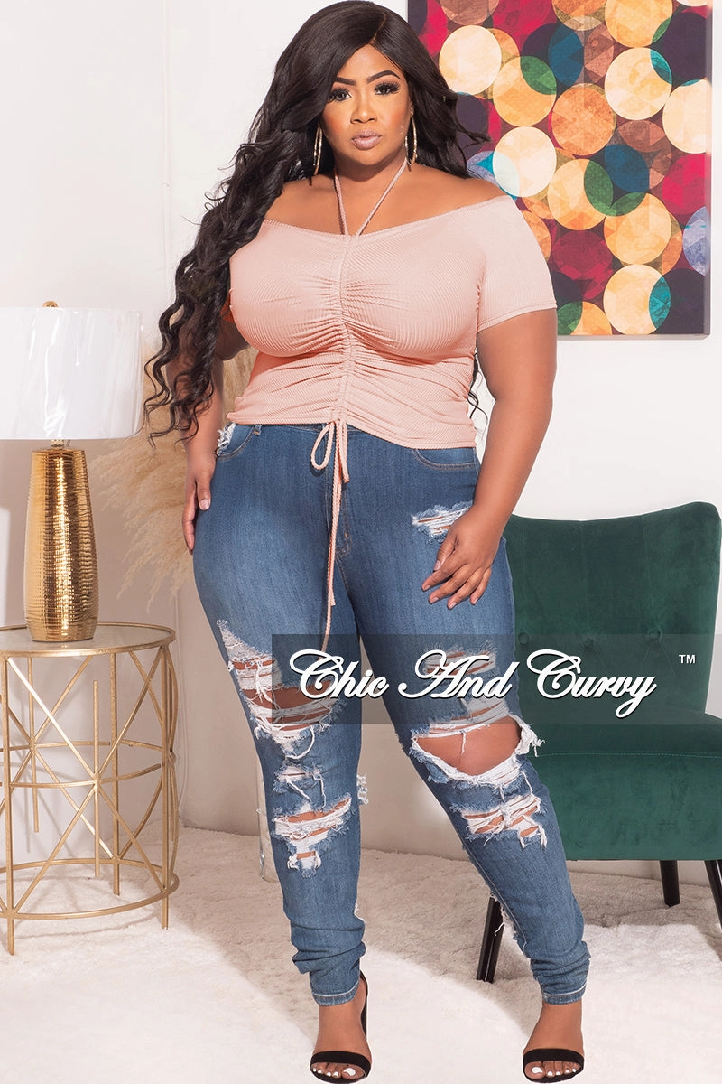 Relaxed Design Wear Final Sale Plus Size Ribbed Ruched Drawstring Crop Top in Soft Pink