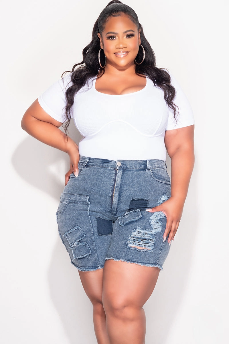 Final Sale Plus Size Ribbed Seamless Short Sleeve Top with Boning in White AntiPilling
