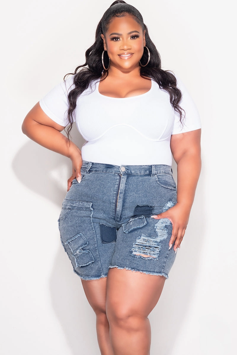 Hidden Zip Pockets Final Sale Plus Size Ribbed Seamless Short Sleeve Top with Boning in White