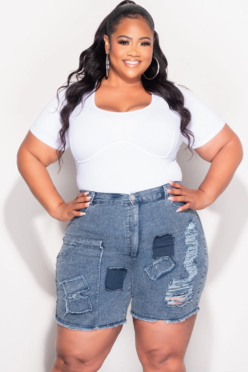 Final Sale Plus Size Ribbed Seamless Short Sleeve Top with Boning in White Vintage Wash