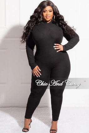 Final Sale Plus Size Ribbed Sheer Stripe Jumpsuit in Black All Day Wear Comfort EcoFriendlyMaterials