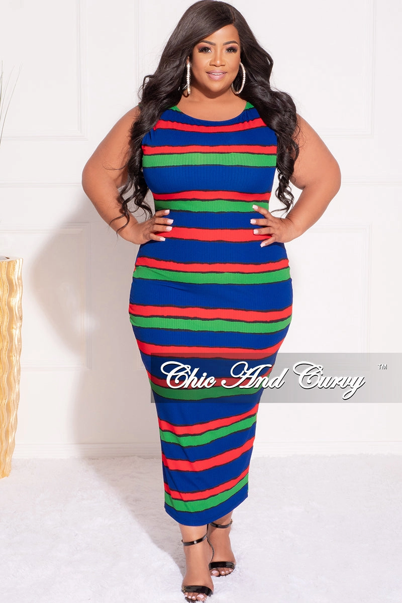 Durable Twill Final Sale Plus Size Ribbed Thick Bodycon Tank Dress in Multi-Color Stripes