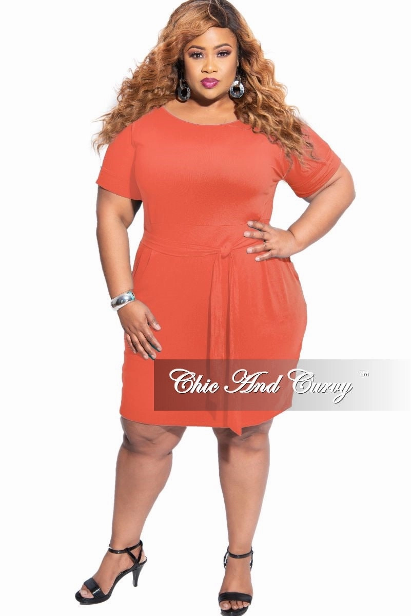 Final Sale Plus Size Rolled Sleeve Tie Dress in Ash Copper Stretchable Fit