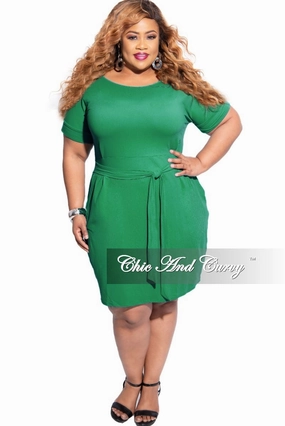 Core Fit Design Low Profile Waistband Final Sale Plus Size Rolled Sleeve Tie Dress in Kelly Green