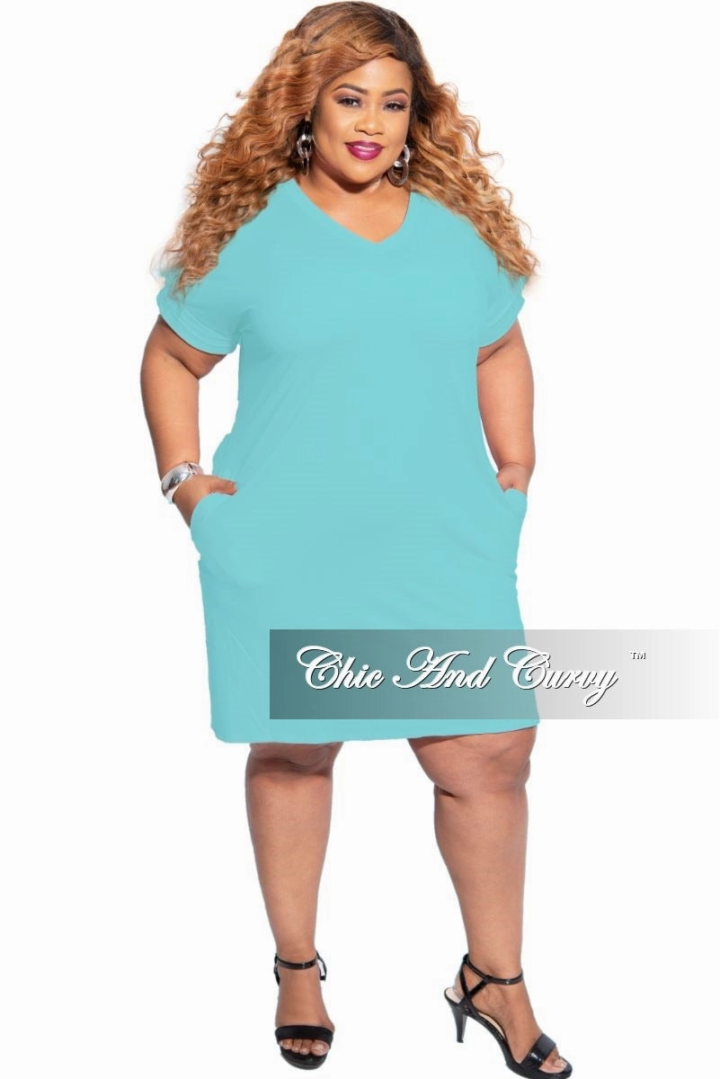 Final Sale Plus Size Rolled Sleeve V-Neck Dress in Mint Cuffed hem AdjustableDrawstring