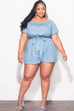 Final Sale Plus Size Romper Blue High Density Weave Smooth Texture