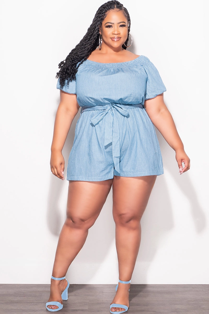 Final Sale Plus Size Romper Blue High Density Weave Smooth Texture