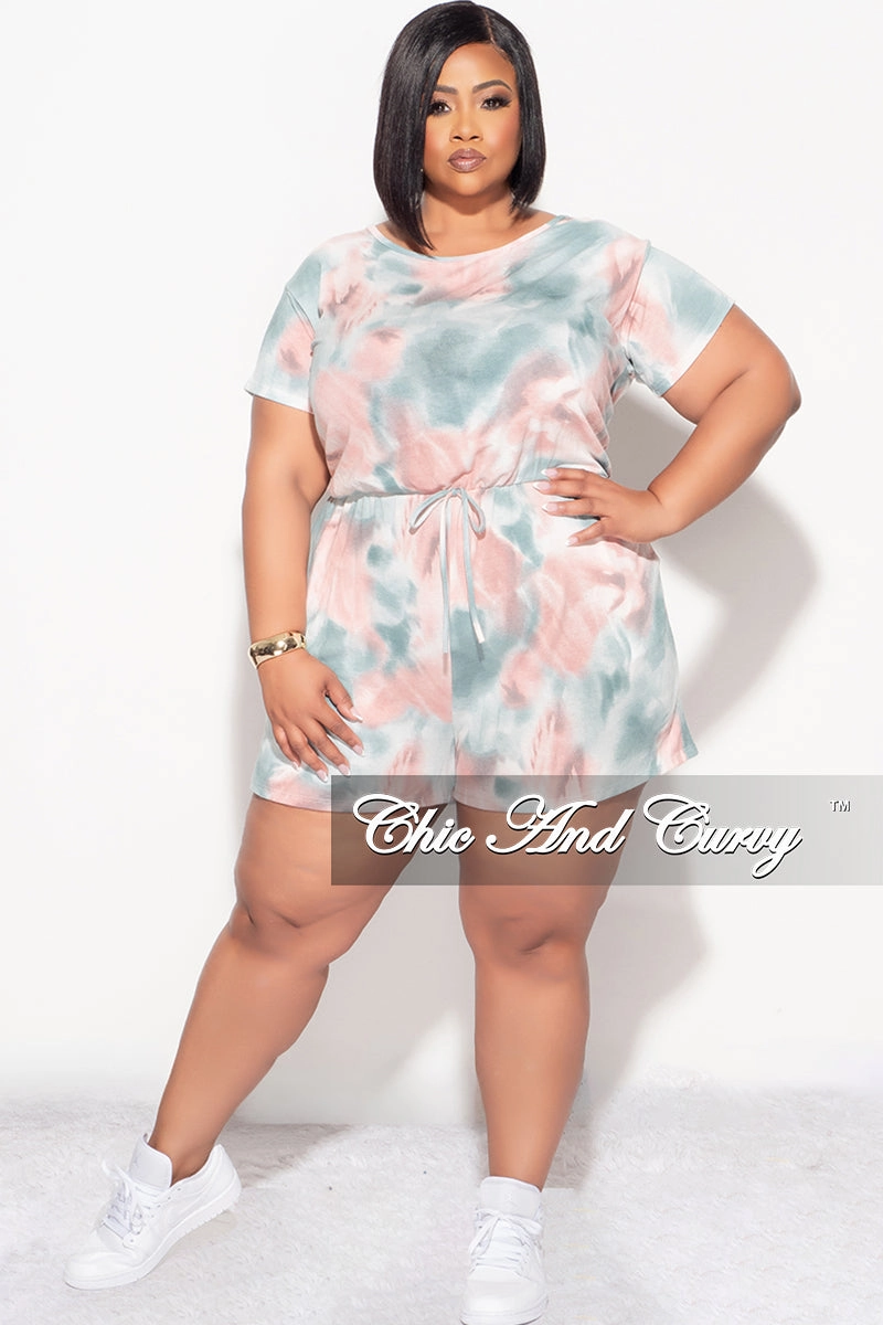 Final Sale Plus Size Romper with Drawstring in Pink and Teal Tie Dye Slim Fit Wear