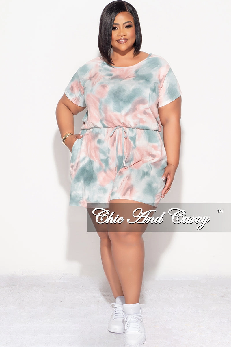 Final Sale Plus Size Romper with Drawstring in Pink and Teal Tie Dye Performance Layer