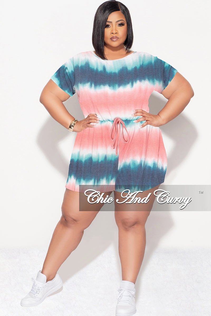 Wind Resistance Final Sale Plus Size Romper with Drawstring in Pink Blue and Teal