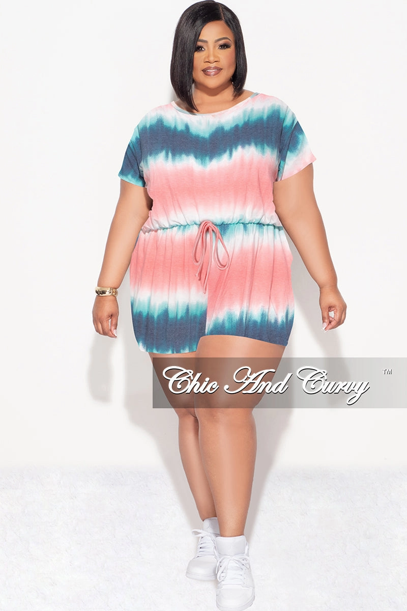 Final Sale Plus Size Romper with Drawstring in Pink Blue and Teal Body Aligned