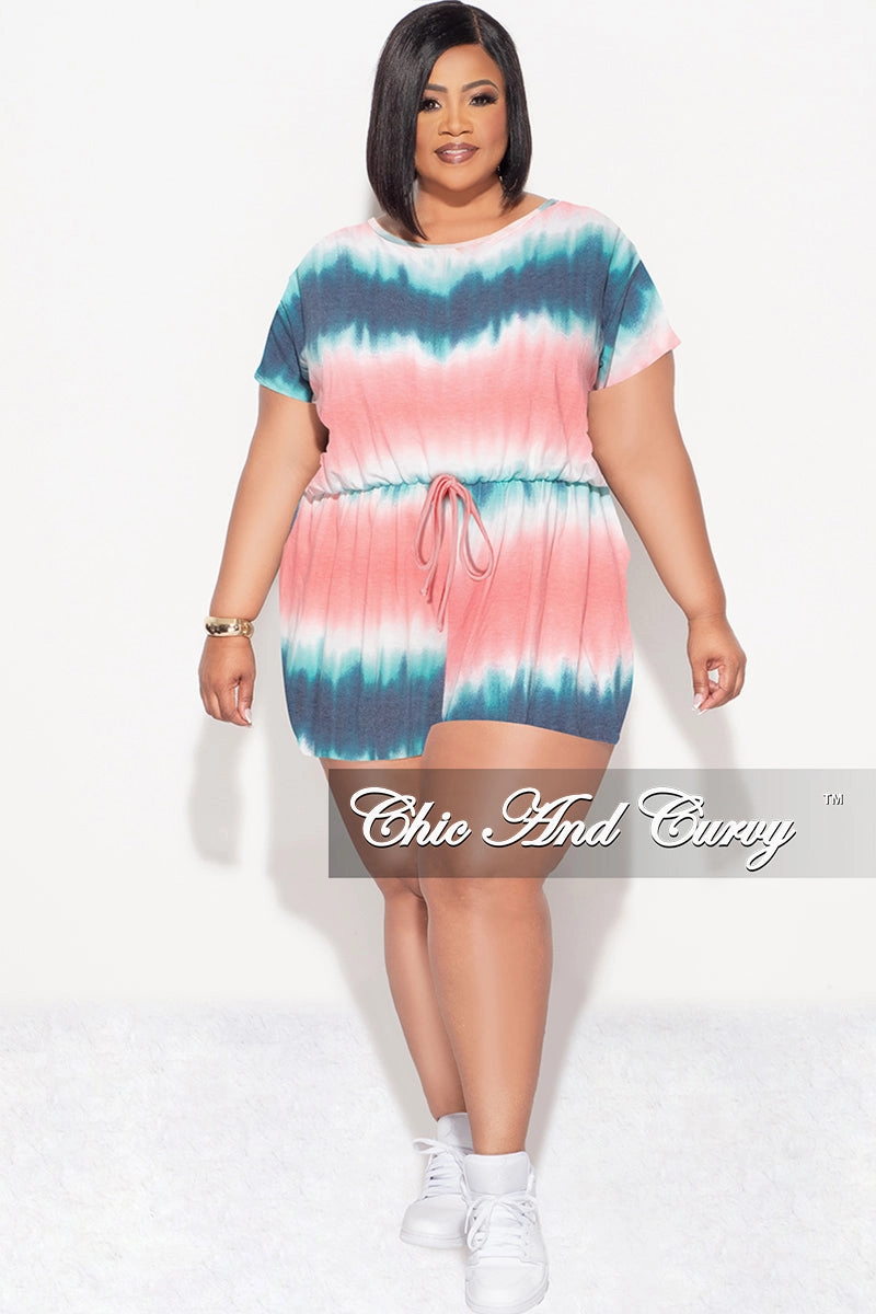 Street Style Recyclable Fabric Blend Final Sale Plus Size Romper with Drawstring in Pink Blue and Teal