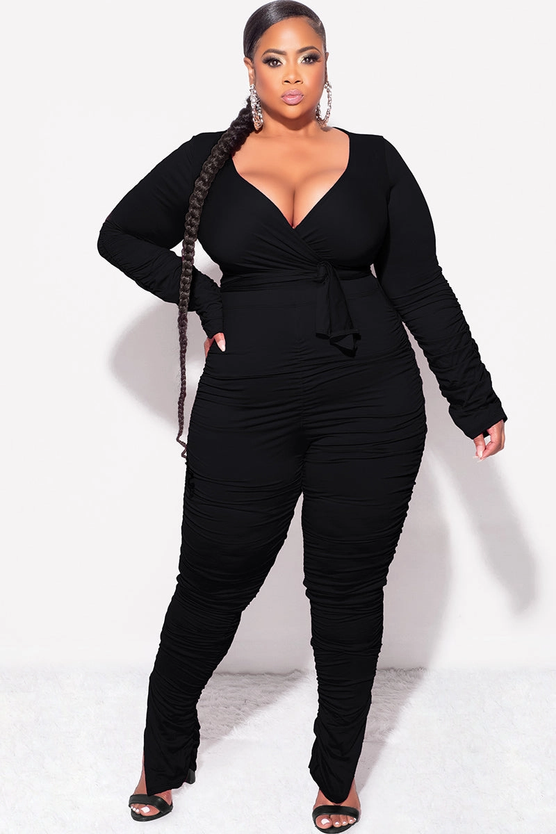 Final Sale Plus Size Ruched 2pc Faux Wrap Tie Top and Pants in Black Light Waist Casual Movement