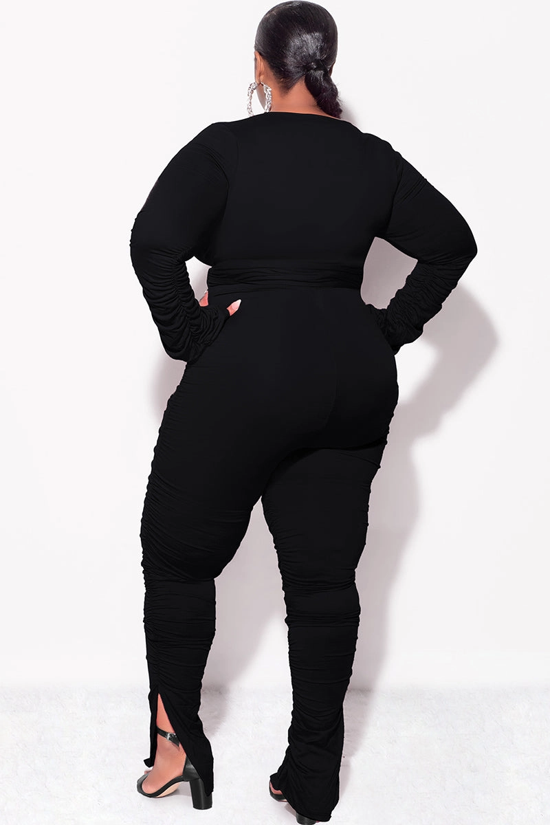 Tight Waist Street Comfort Final Sale Plus Size Ruched 2pc Faux Wrap Tie Top and Pants in Black
