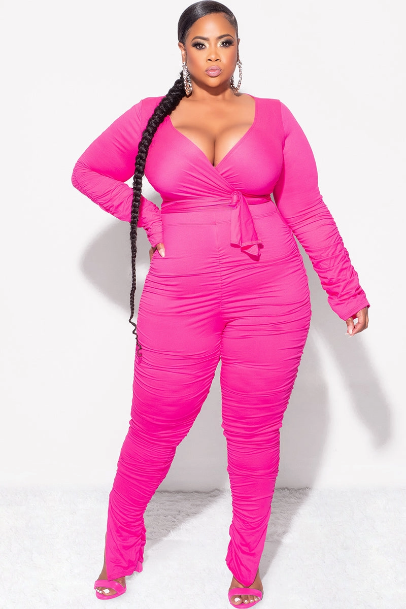 Athletic Flex Wear Smart Utility Final Sale Plus Size Ruched 2pc Faux Wrap Tie Top and Pants in Fuchsia Pink