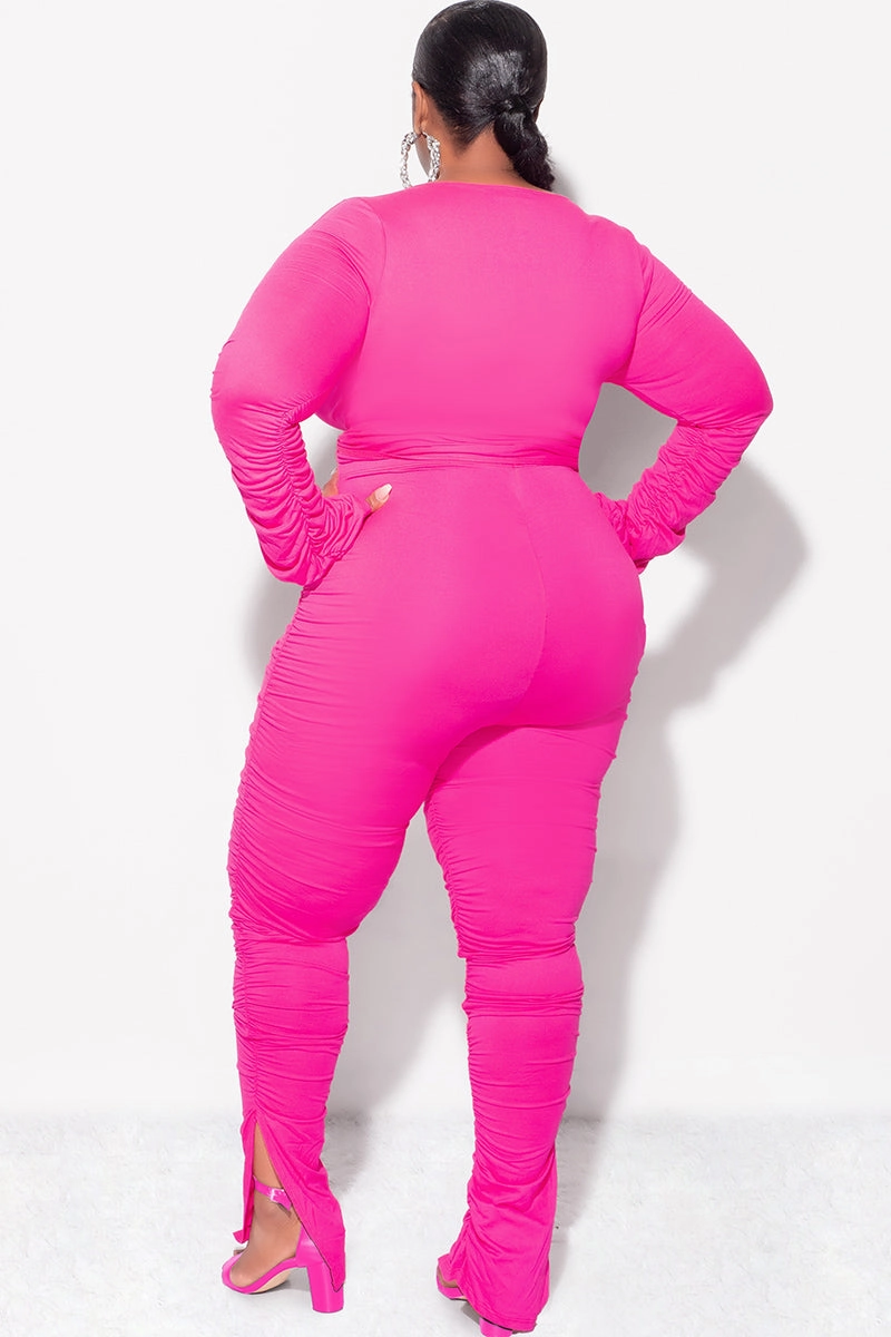 Final Sale Plus Size Ruched 2pc Faux Wrap Tie Top and Pants in Fuchsia Pink Quick Drying HighWaistSupport