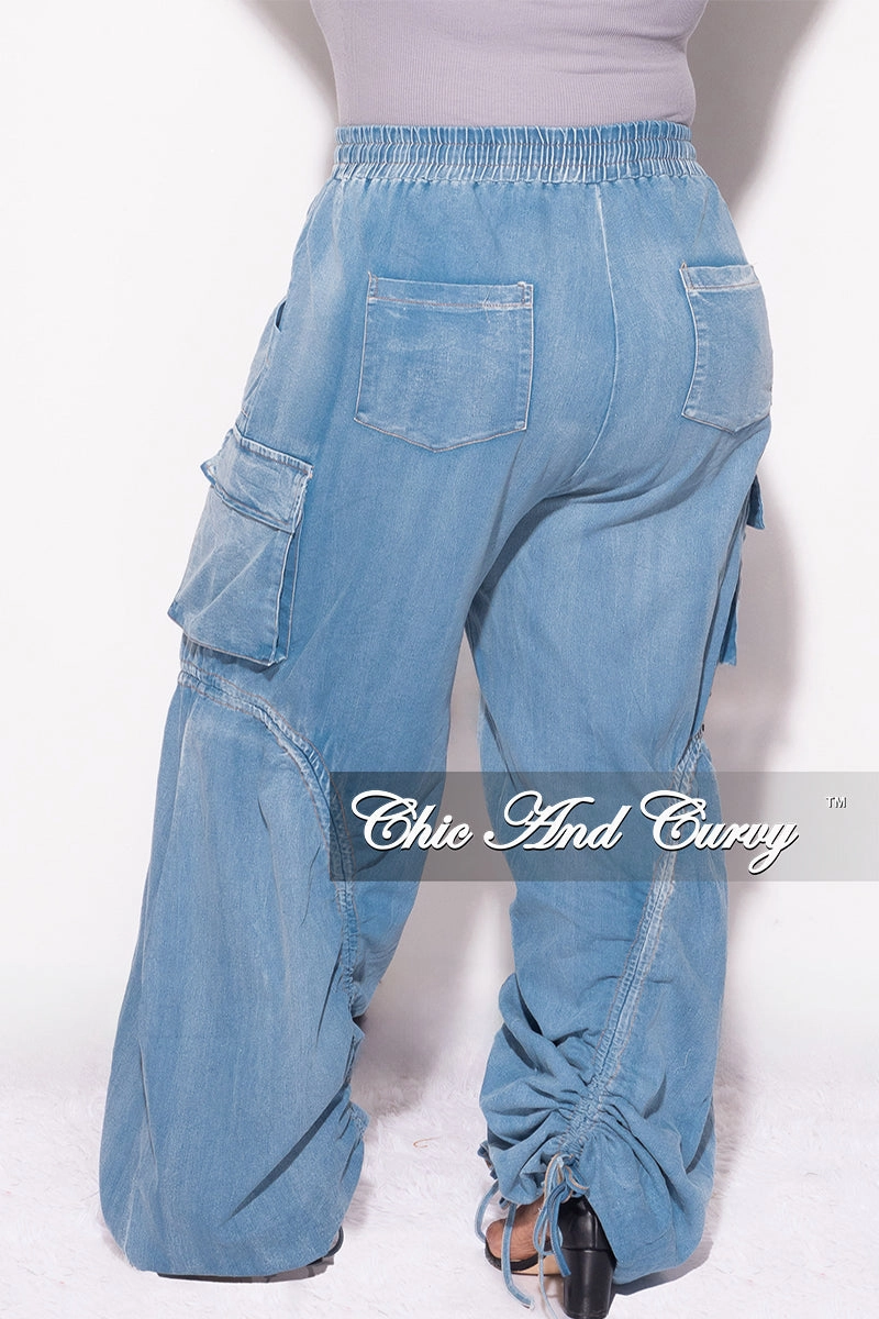Laser Cut Perforations Final Sale Plus Size Ruched Cargo Pants in Denim