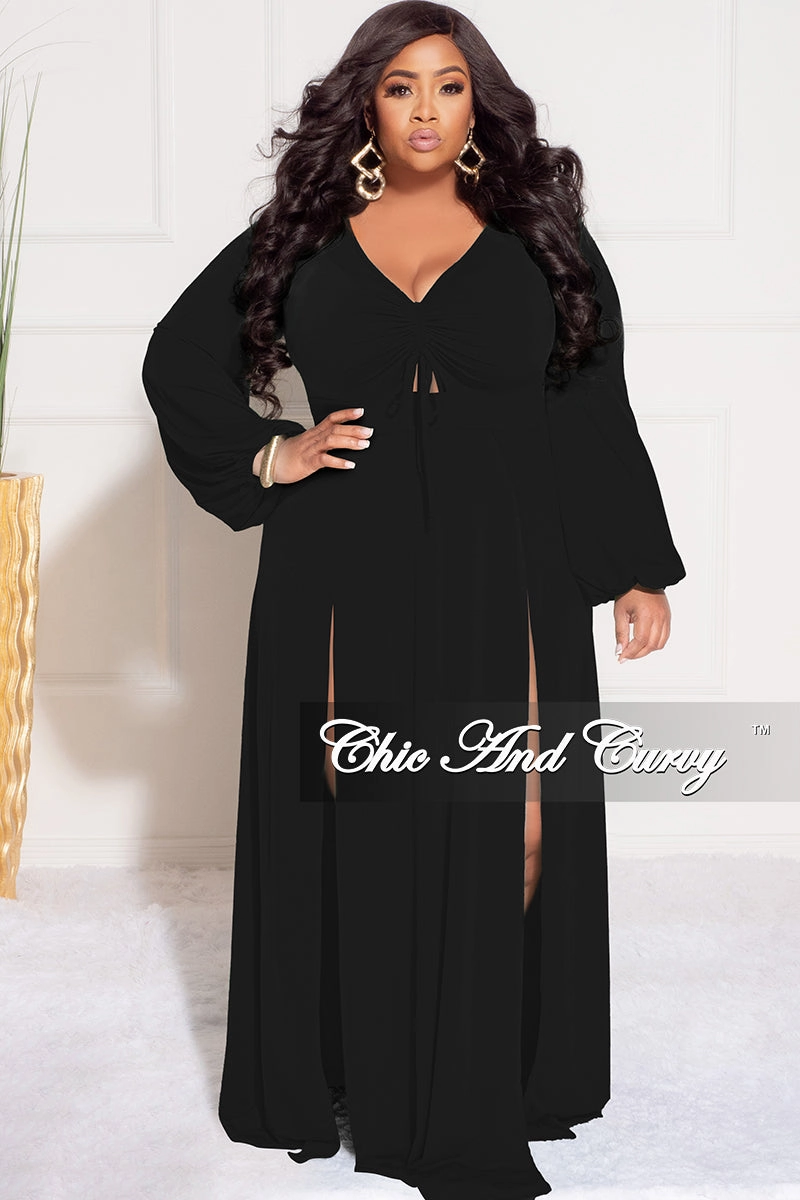 Final Sale Plus Size Ruched Maxi Dress with Double Slits in Black Cozy Movement