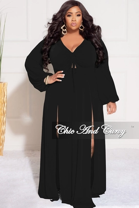Final Sale Plus Size Ruched Maxi Dress with Double Slits in Black Quality Material