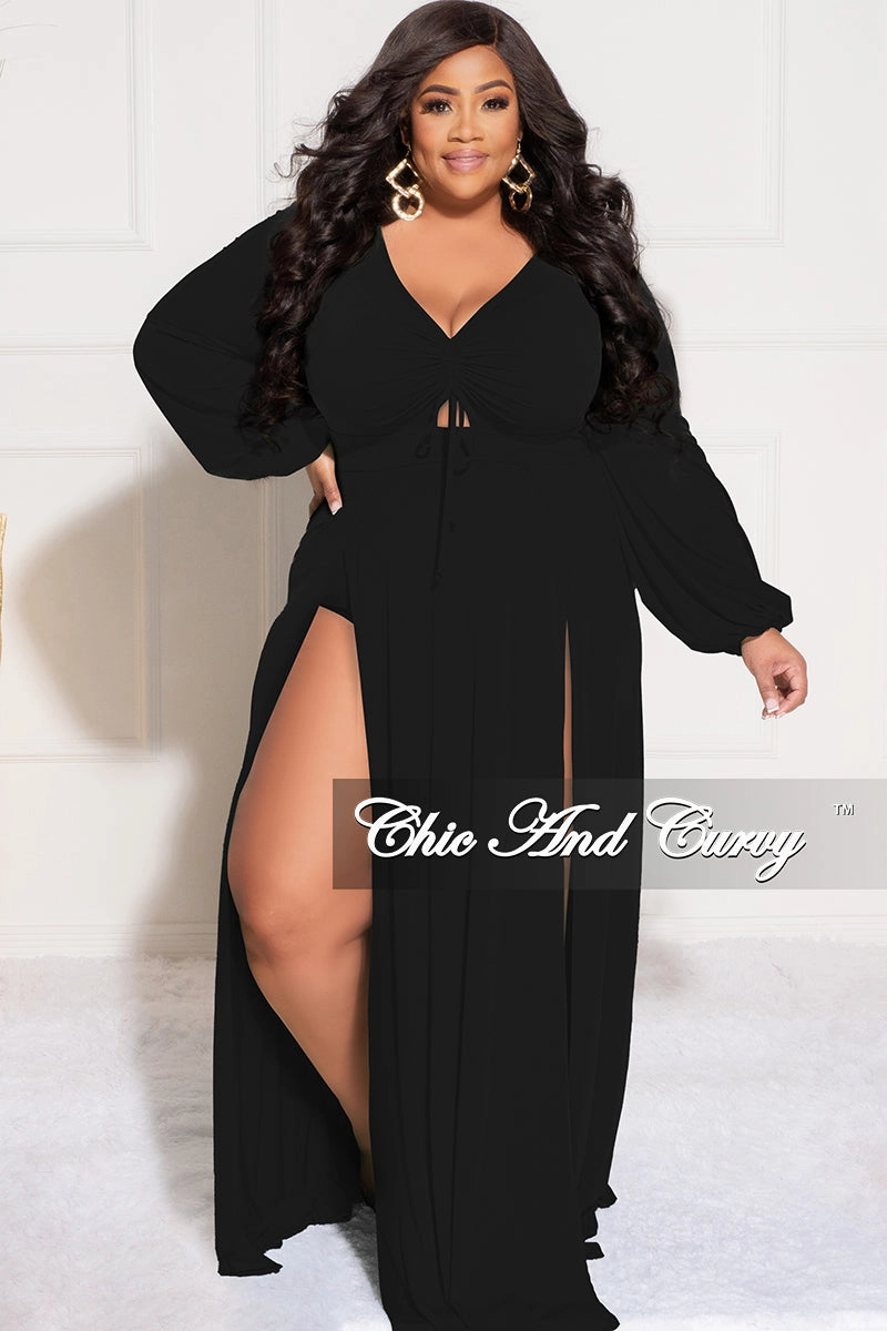 Final Sale Plus Size Ruched Maxi Dress with Double Slits in Black stain guard