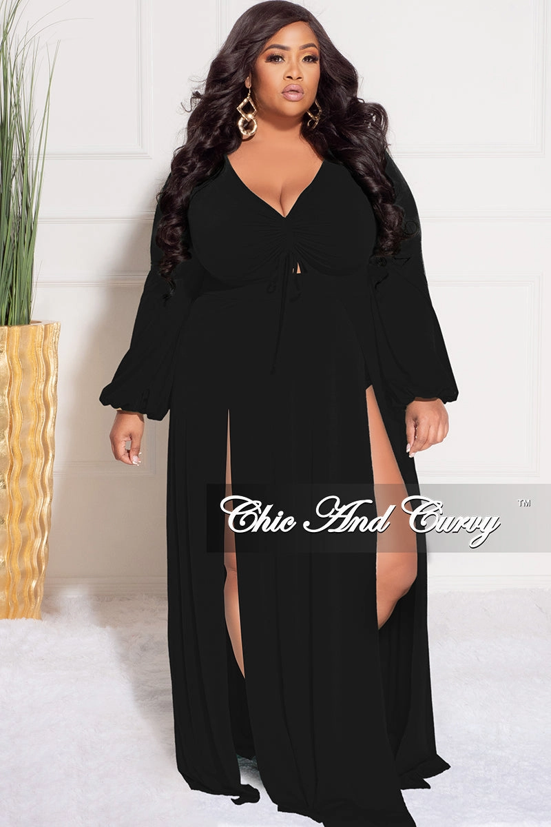 Air Comfort Final Sale Plus Size Ruched Maxi Dress with Double Slits in Black