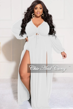 Final Sale Plus Size Ruched Maxi Dress with Double Slits in Ivory White SmoothZipClosure