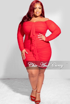 Final Sale Plus Size Ruched Off The Shoulder Mini Dress with Center Sash in Red Mesh VentilatedArmholes