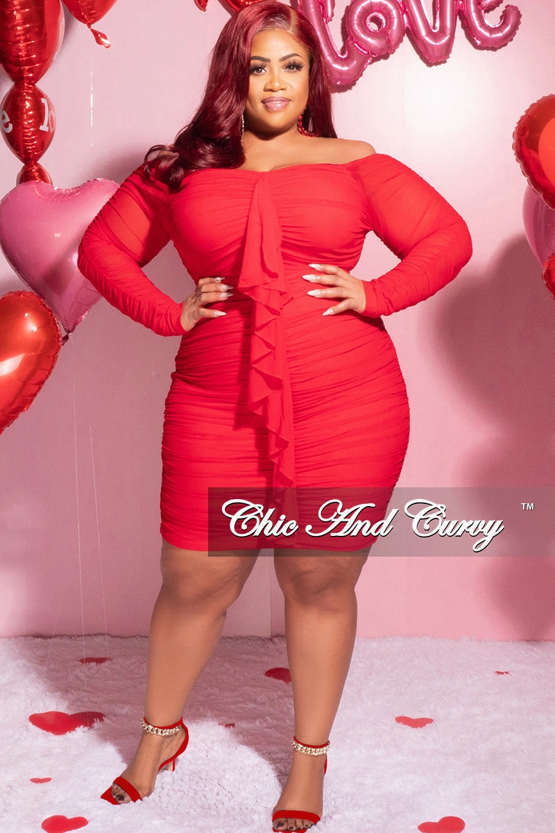 Final Sale Plus Size Ruched Off The Shoulder Mini Dress with Center Sash in Red Mesh ResilientStretch Linen Blend Fabric
