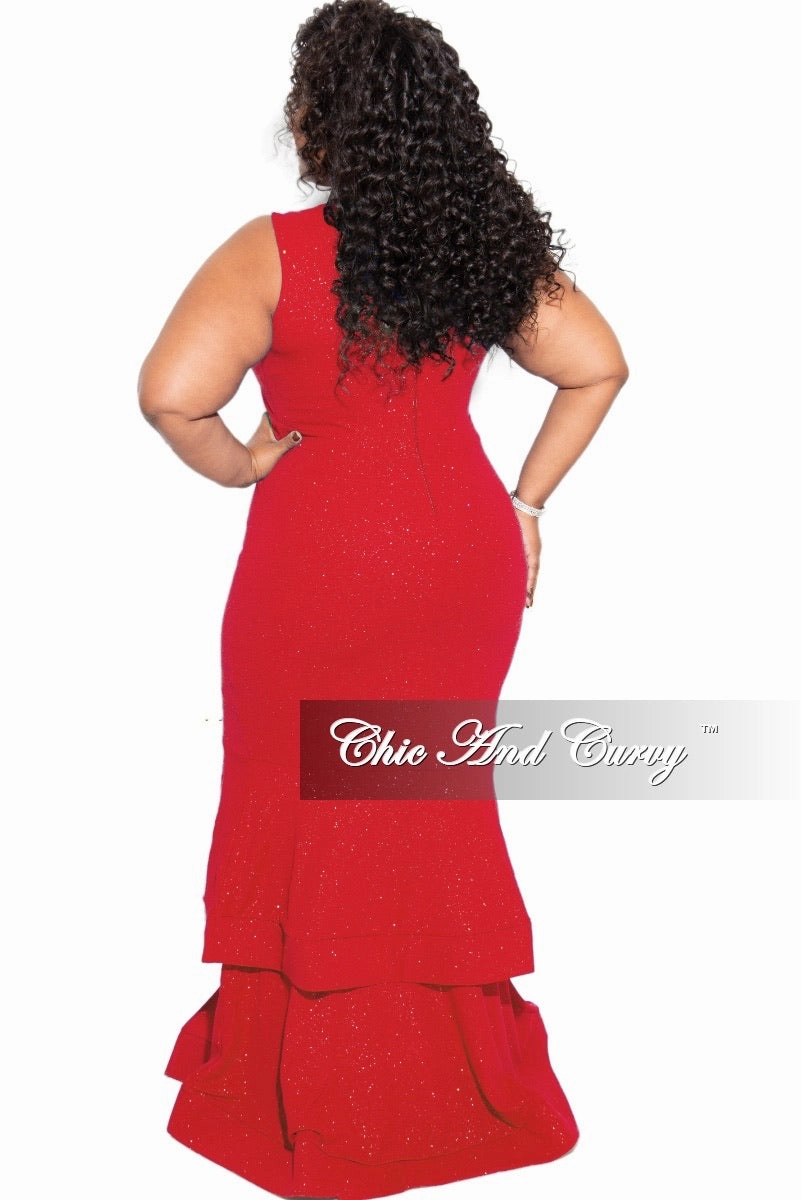 Durable Overlock Stitch Final Sale Plus Size Ruffle Bottom Glitter Maxi Dress in Red